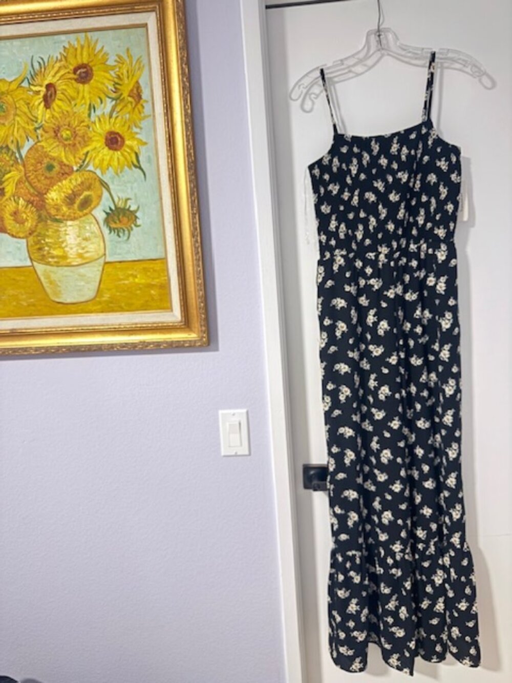 Francesca's print jumpsuit, smoked top bodice, bell bottom hem